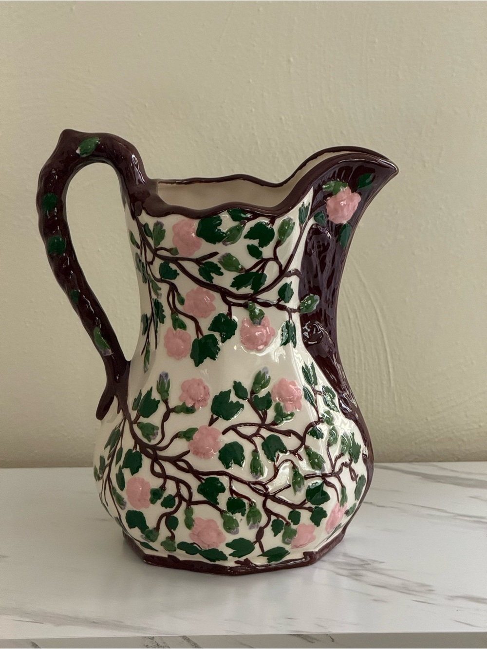 Marilyn Ceramic Pottery Pitcher Floral Hand Painted 1971 Vintage Glossy 11" Tall